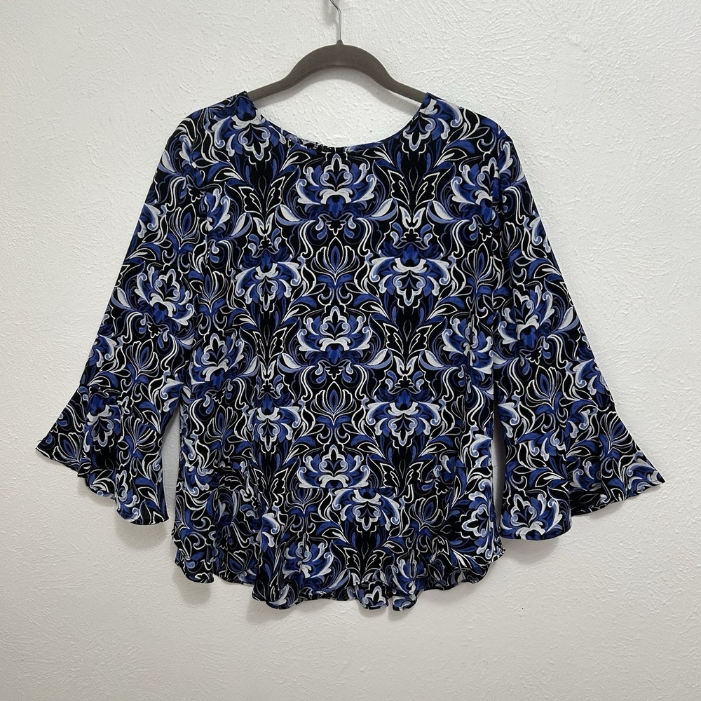 Charter Club Blue White Abstract Print Top Blouse Chiffon Ruffle Sleeve Mature L
